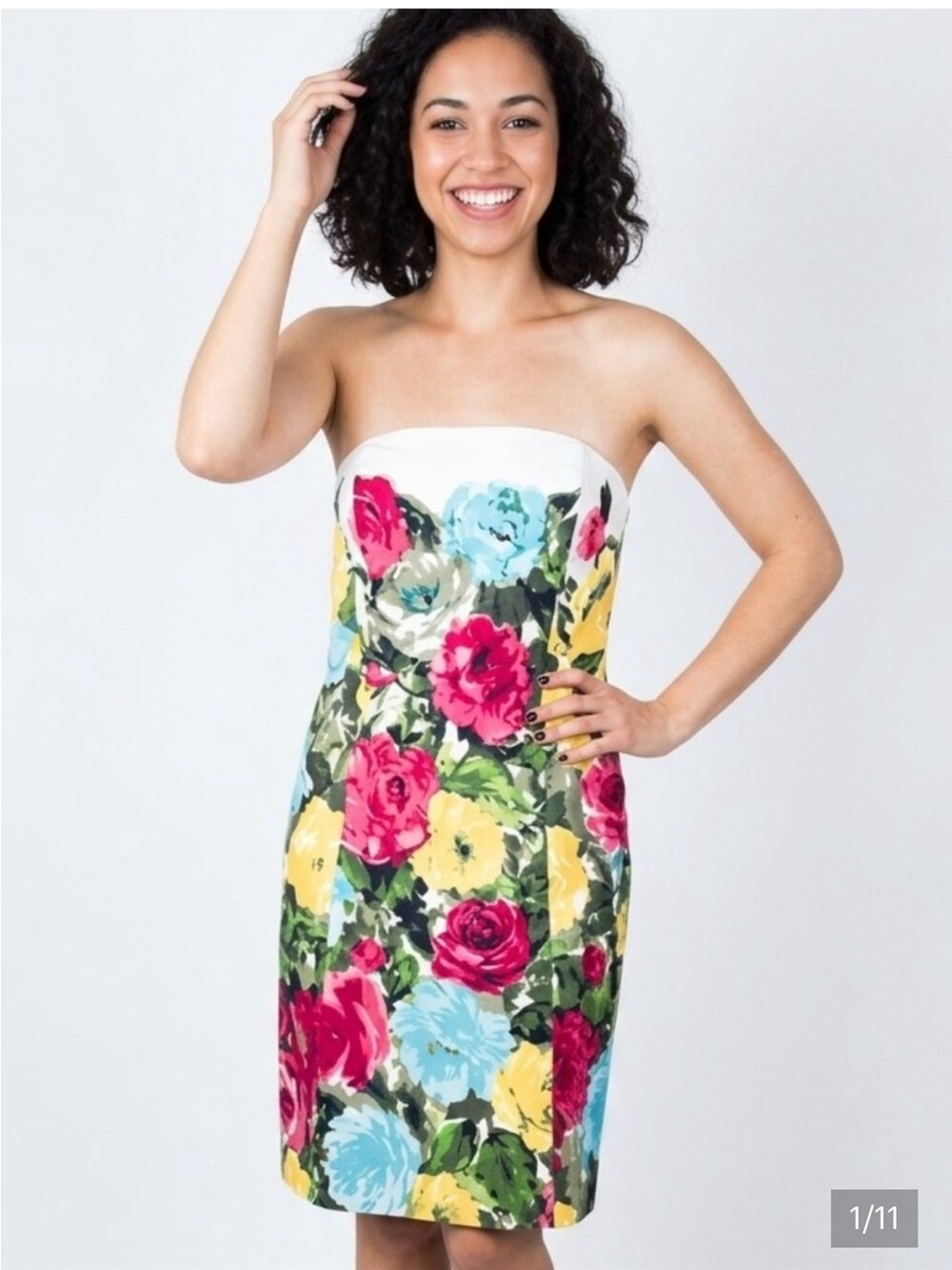 LOFT Strapless Floral Sheath Dress in White with Red, Yellow, Blue Blooms